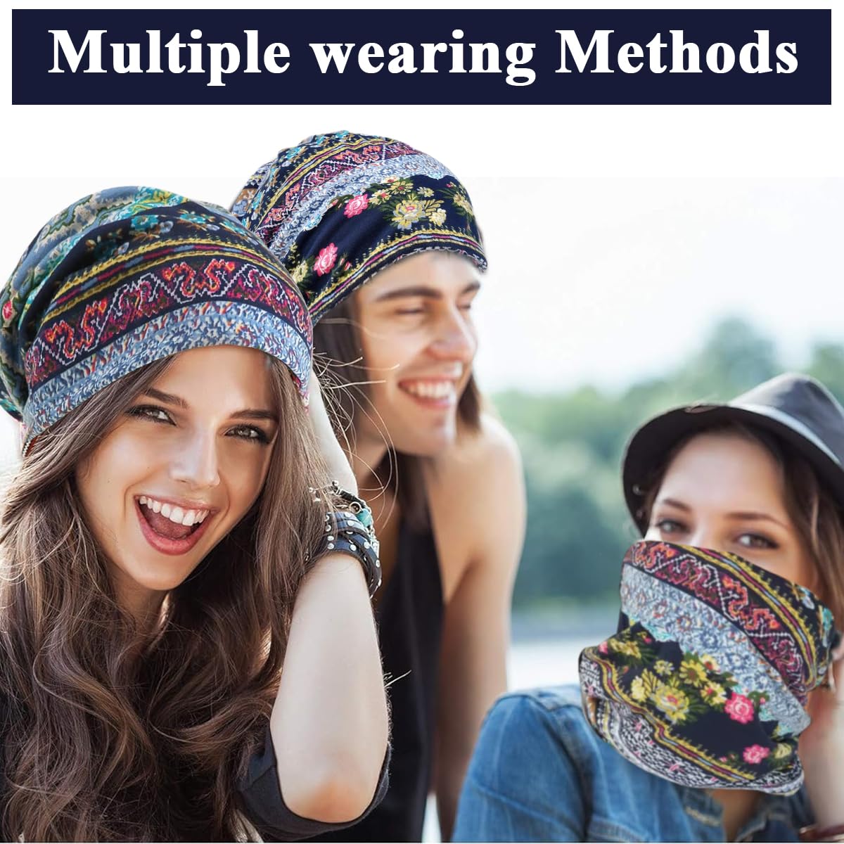 PALAY Hijab Caps for Women, Floral Print Chemo Cap Slouchy Beanie Cap for Women, Fashion Hip-Hop Skull Dwarf Hats, Boho Soft Running Head Scarves for Teen Girls - All Season Use Blue