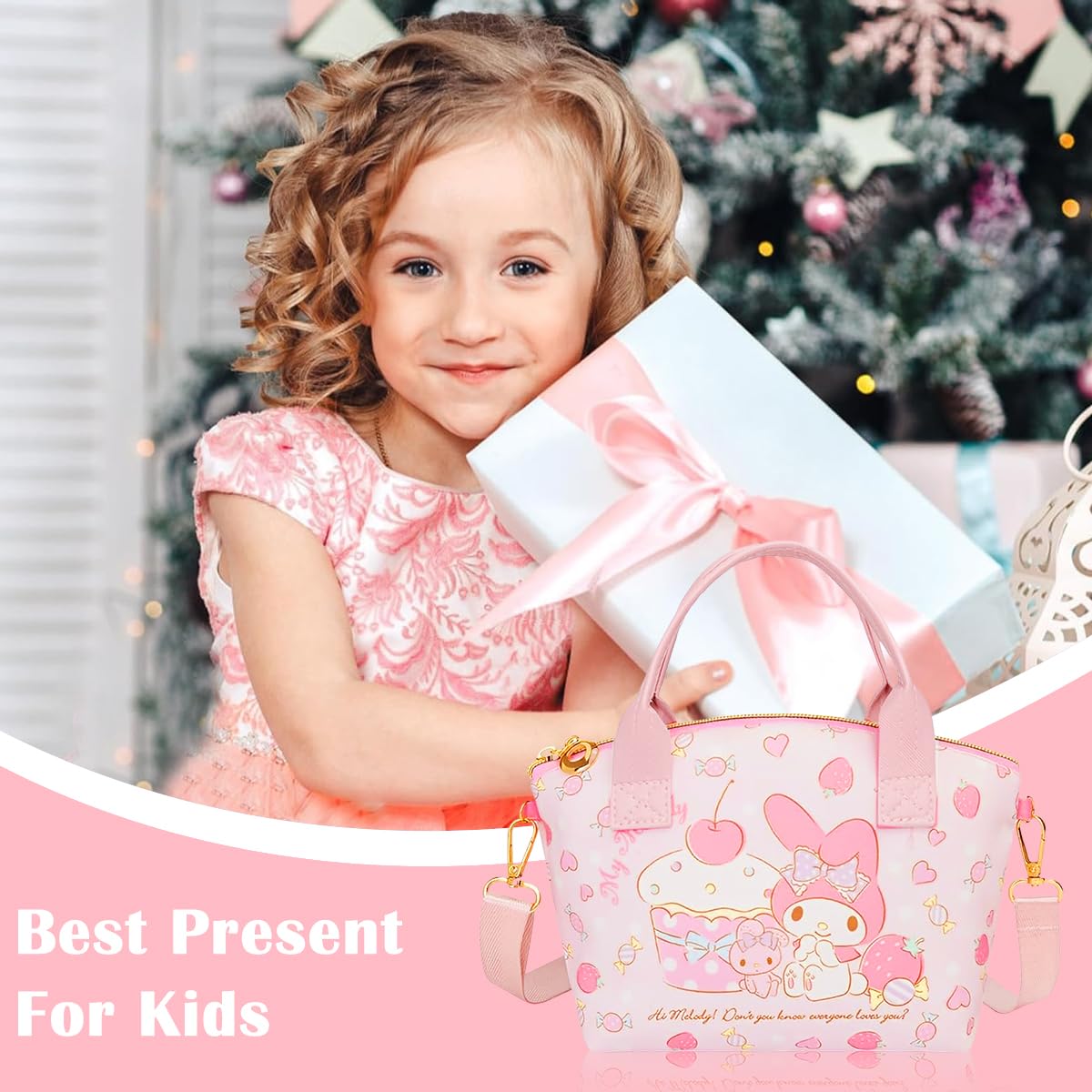 PALAY Melody Hand Bag Kawaii Sanrio Small Tote Bag for Girls Pink Melody Shoulder Bag Small PU Tote Bag with Removable Shoulder Strap Crossbody Bag Christmas Gift for Girls Birdthday Gift, 16x7x22cm