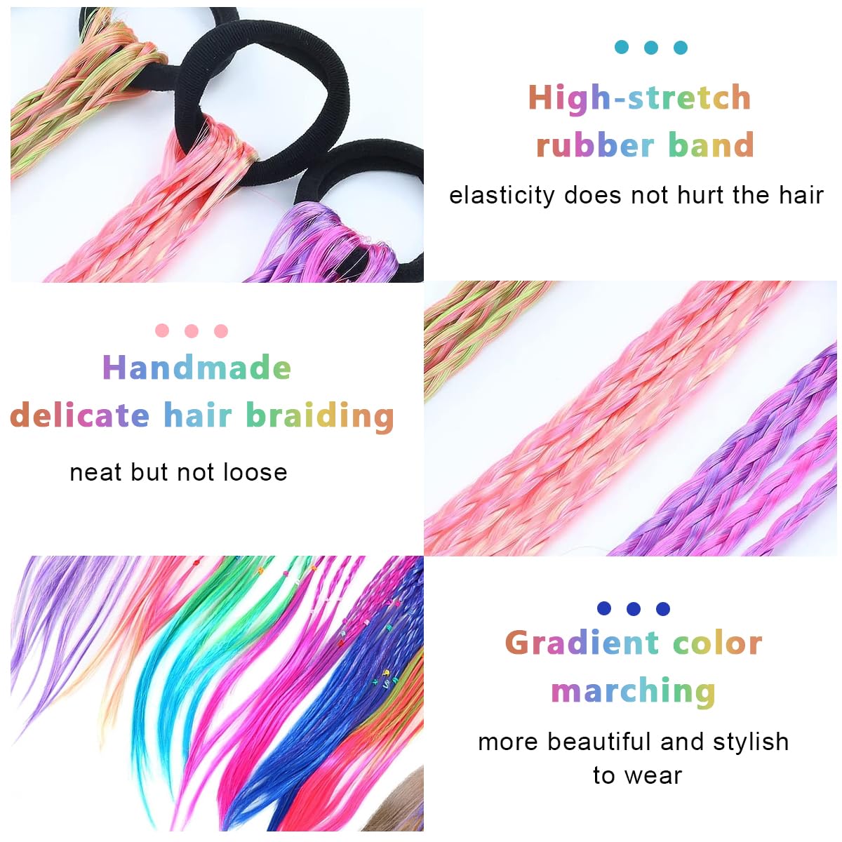 SANNIDHI 12pcs Rubber Bands Hair Extensions for Girls Women, 17 Inch Colorful Braided Synthetic Hairpieces, Kids Ponytail Wigs Twist Braid Rope Hair Accessories