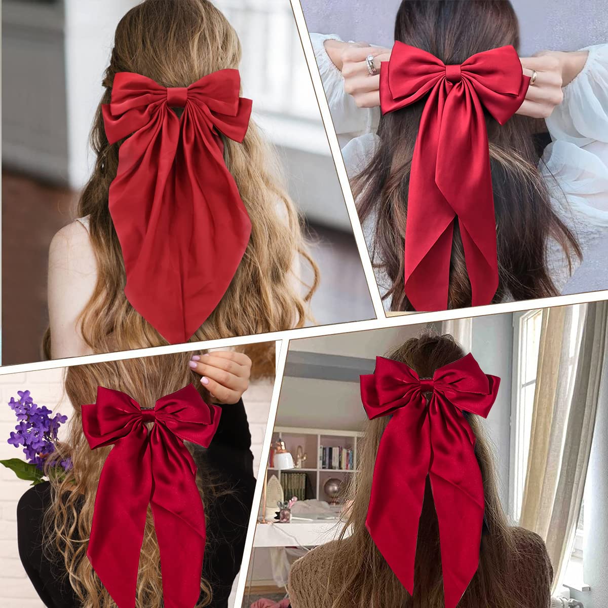 MAYCREATE Large Satin Hair Bows for Women Girls Silk-Like Stylish French Bow Hair Clip Bowknot Hair Barrettes Big Ribbon Bow with Long Tail (Red)