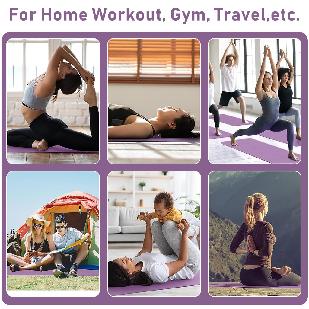 Proberos Portable Folding Yoga Mat with Carry Bag TPE Yoga Mat Anti-slip 5mm Thicken Fitness Yoga Mat for Men Women Pilates Mat for Home Workout, Gym, Travel, 72x24 inches, Purple