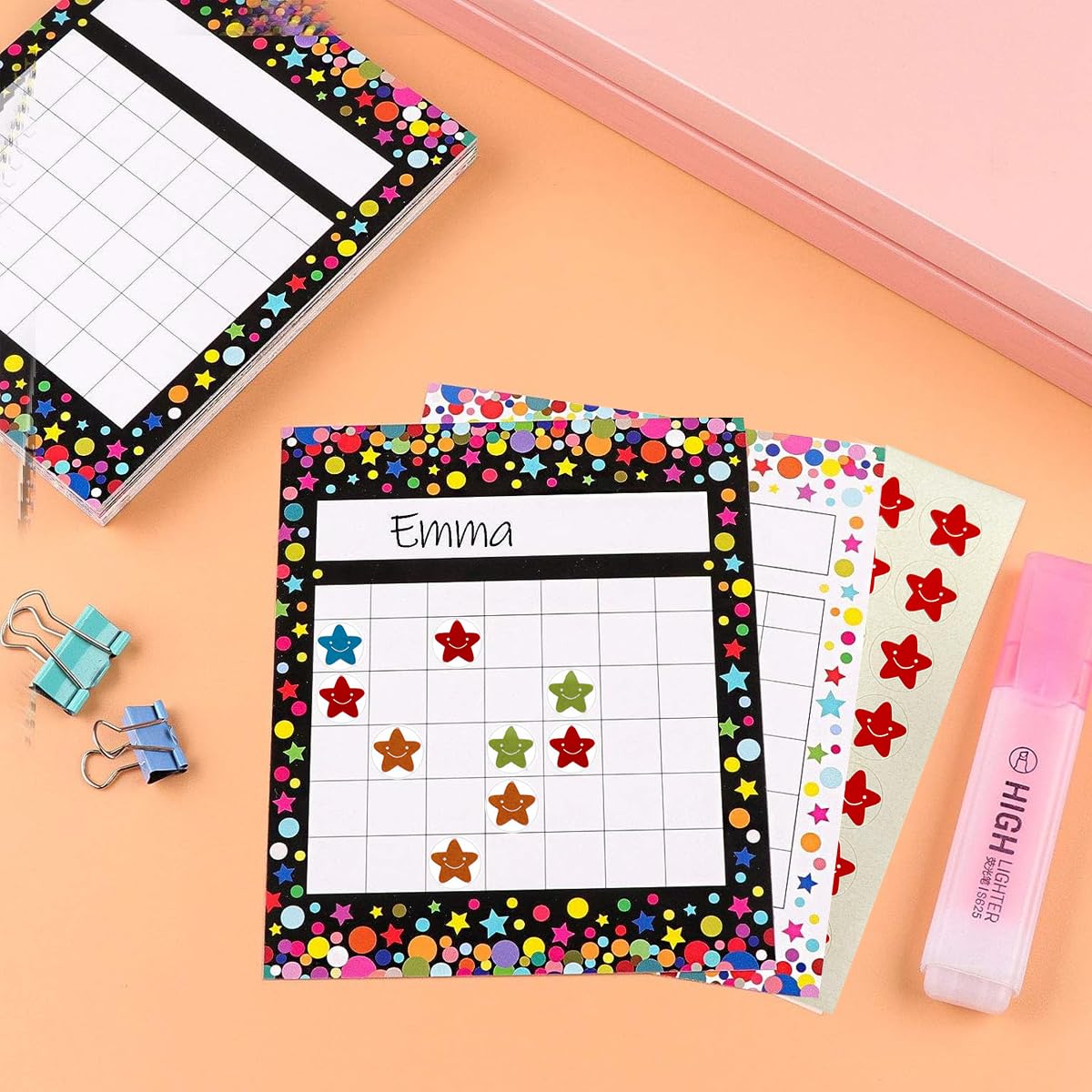 HASTHIP 30 Sheet Classroom Reward Chart, Reward Chart for Kids, Blank Print Reward Sticker Chart with 30 Sheet Smile Star Sticker for Kids Students Classroom Teaching or Family Using