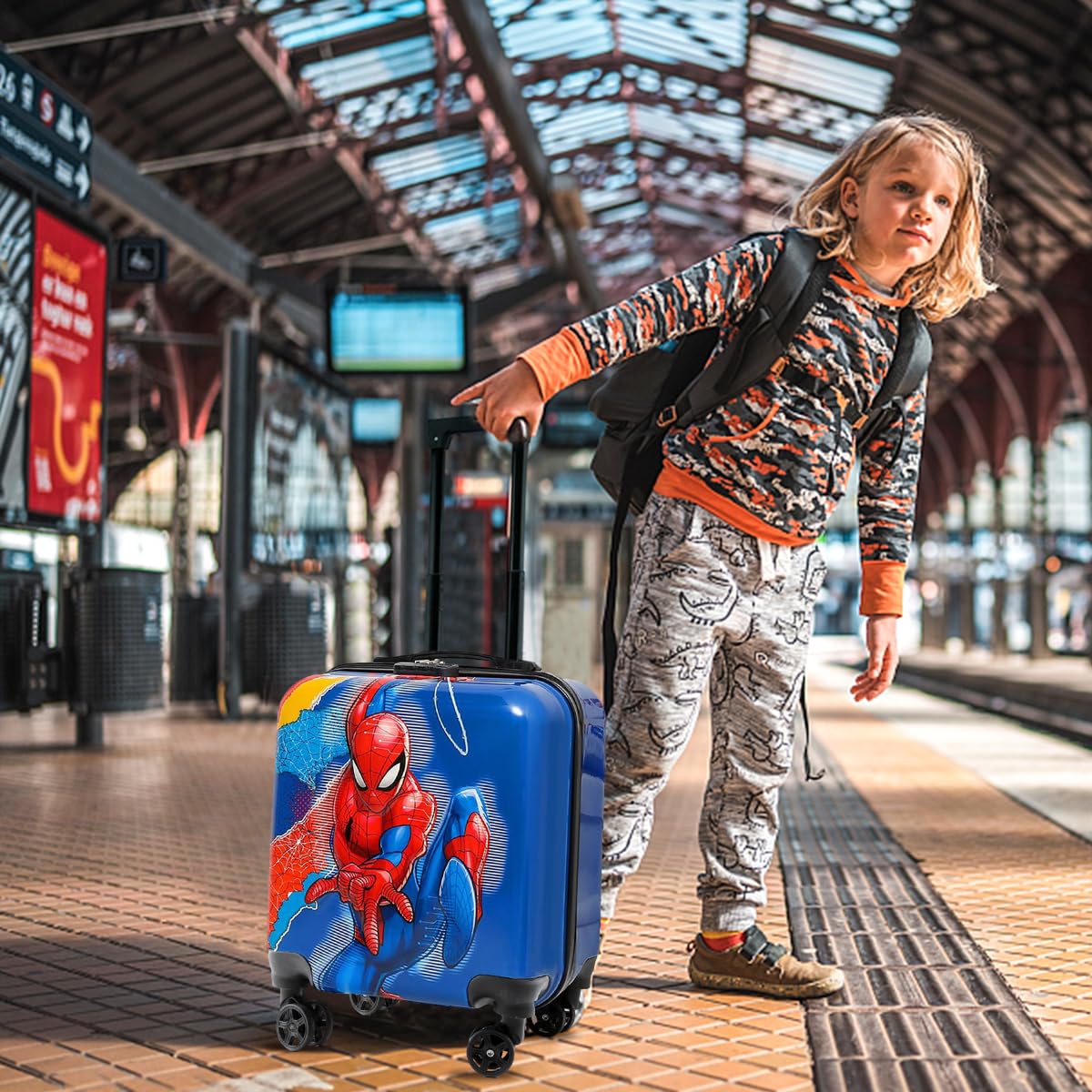 PALAY Kids Travel Luggage 20'' Wheeled Luggage with Combination Password Lock Sturdy PC Travel Suitcase Cute Cartoon Spider Man Carry-on Wheeled Luggage Travel Roller Luggage School Gift for Students