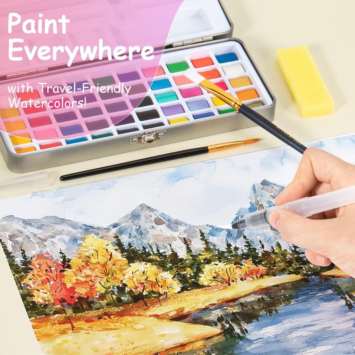 HASTHIP Solid 50-Color Watercolor Set, Professional & Beginners Paint Kit with Brush & Pen, Non-Toxic Pigment, Portable Metal Box, Ideal for Studio & Travel Artists
