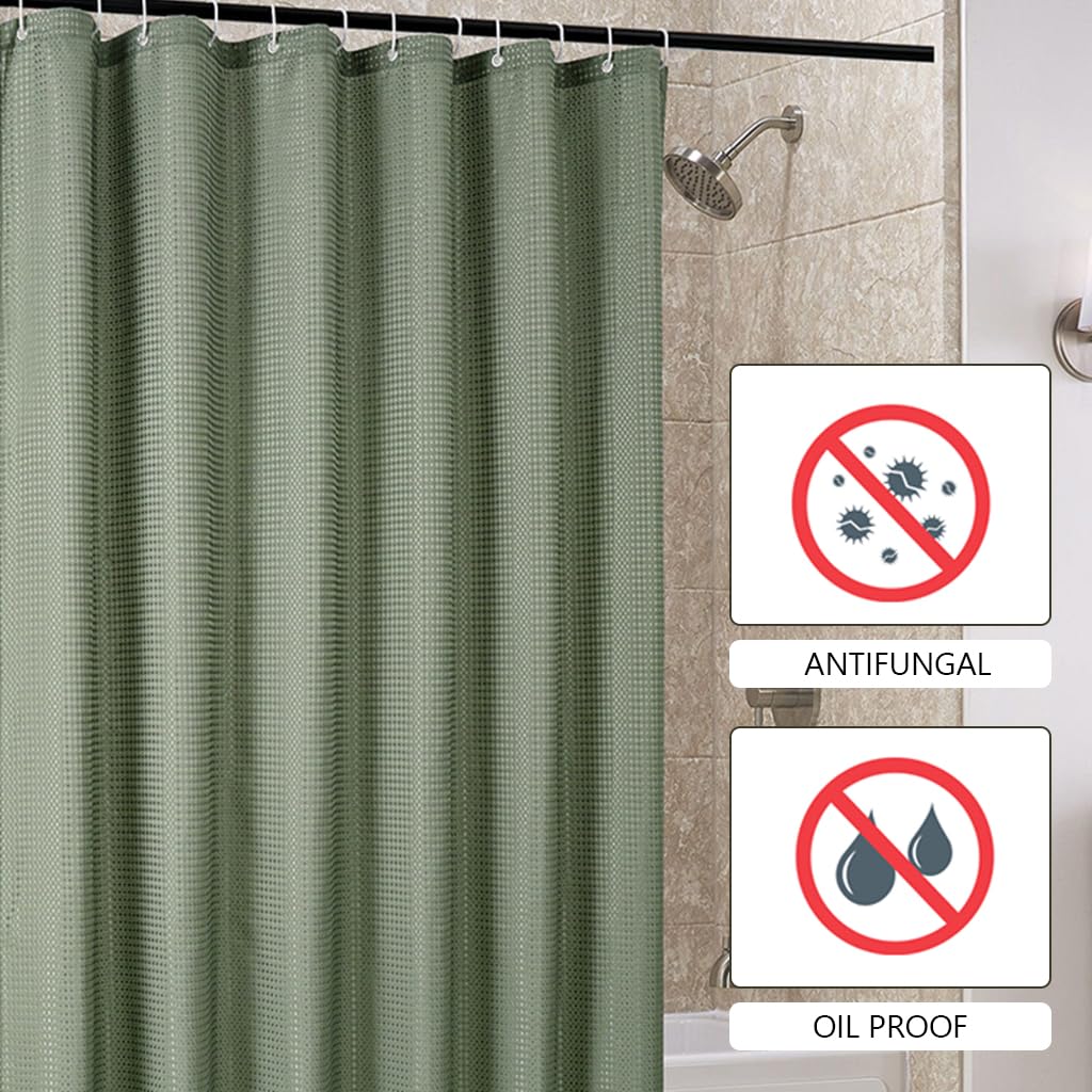 HASTHIP Fabric Shower Curtain Waterproof Polyester Double Sided Waffle Textured Green Shower Curtain with 12 Plastic Hooks Water Resistant Partition Liner for Washroom (Green 72''x72'')