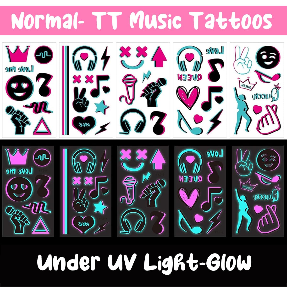 MAYCREATE 10 Sheets Temporary Tattoo Sticker for Men and Women Glow In The Dark Tattoos Waterproof Easy to Use Neon Temporary Tattoo Makeup Supplies Tattoos Sticker for Festival, Party, Club
