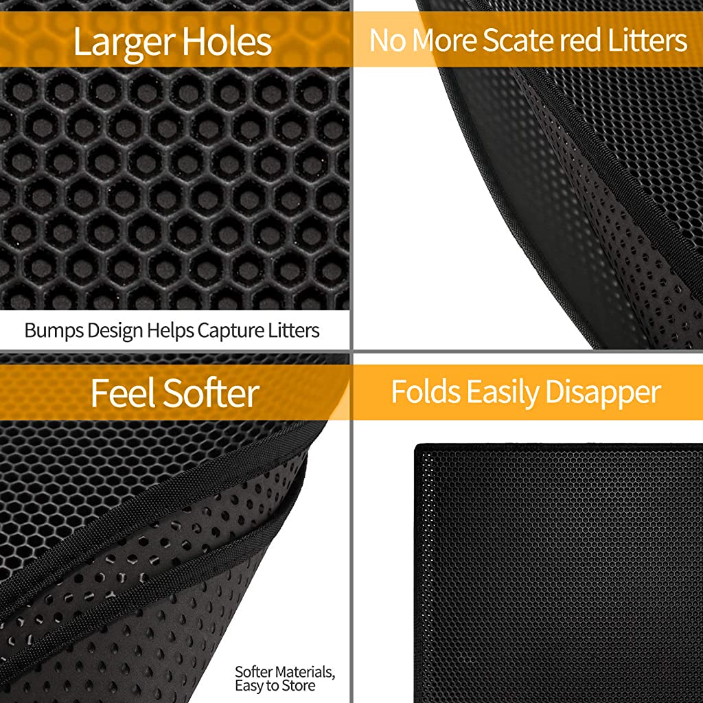 Qpets Cat Litter Mat, 22.8 * 17.3 inch, Litter Mat Double Layer Open Edge Design, Waterproof EVA Material, Durable and Washable, Cat Litter Box, cat Litter Tray (Black)