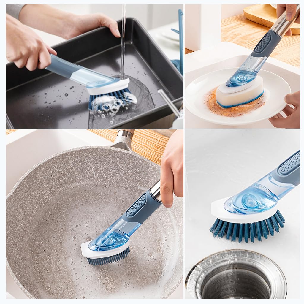 Serplex 4 in 1 Dish Washing Scrubbers with Tray Holder Multipurpose Dish Cleaning Brush with Cleanser Dispensing Dish Cleaning Brush Non-Scratch Kitchen Cooker Cleaning Scrubbers for Pan, Pot, Sink