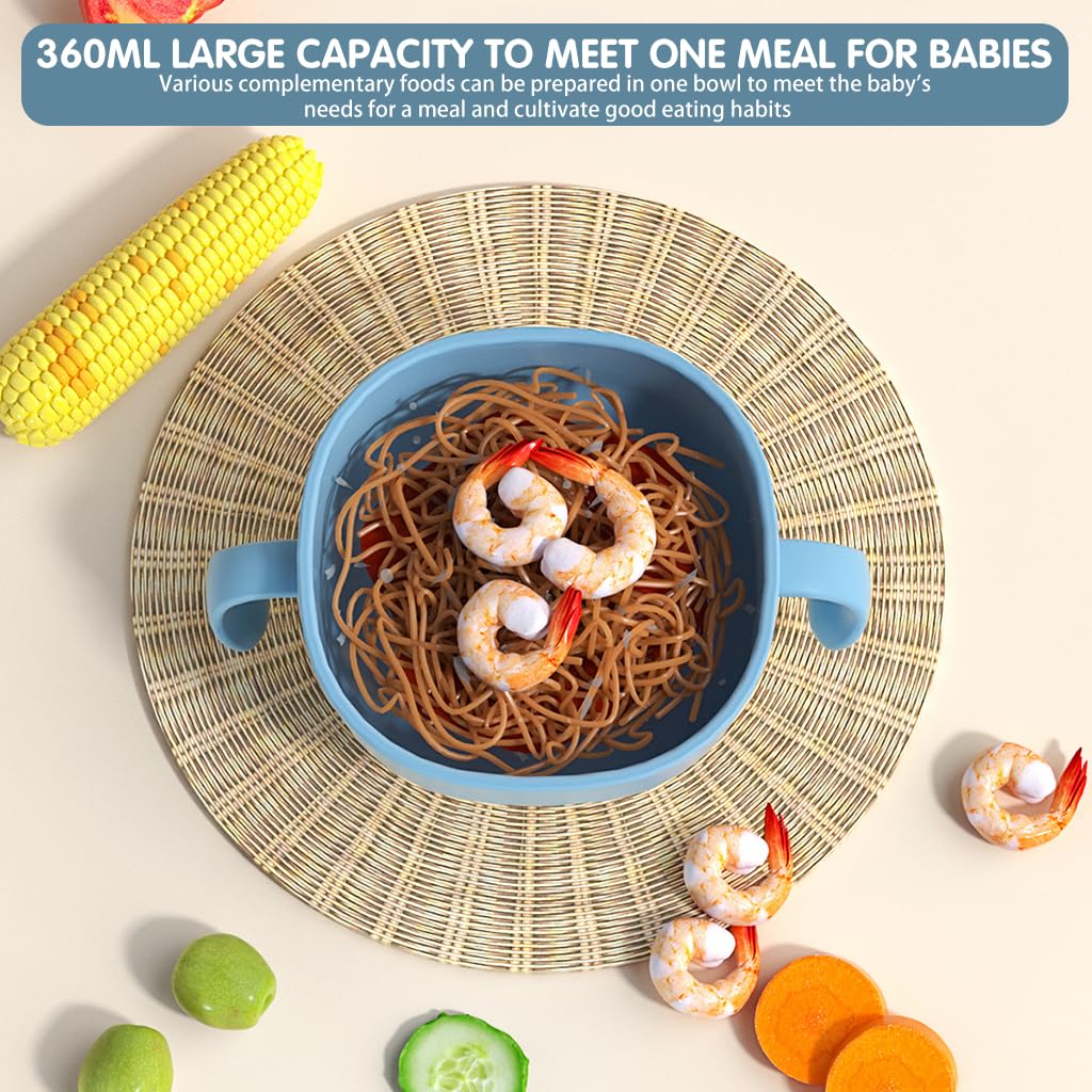 SNOWIE SOFT Baby Food Bowl 250ml Food-Grade Silicone Food Bowl Snack Cup Dual Ear Toddler Snack Cup Baby Sippy Cup Soup Bowl with Sippy & Lid, Bottom Suction Cup Design, Dishwasher Safe
