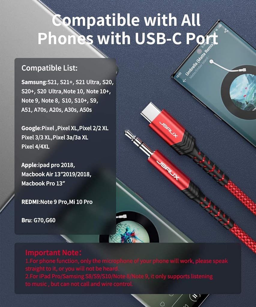 JSAUX® USB C to 3.5mm Audio Aux Jack Cable 3.3ft Type Male Stereo Car Compatible with iPhone 16 15 Series Galaxy S24 S23 S22 S21 Note 20 iPad Pro Pixel 5 4 XL 3PCS
