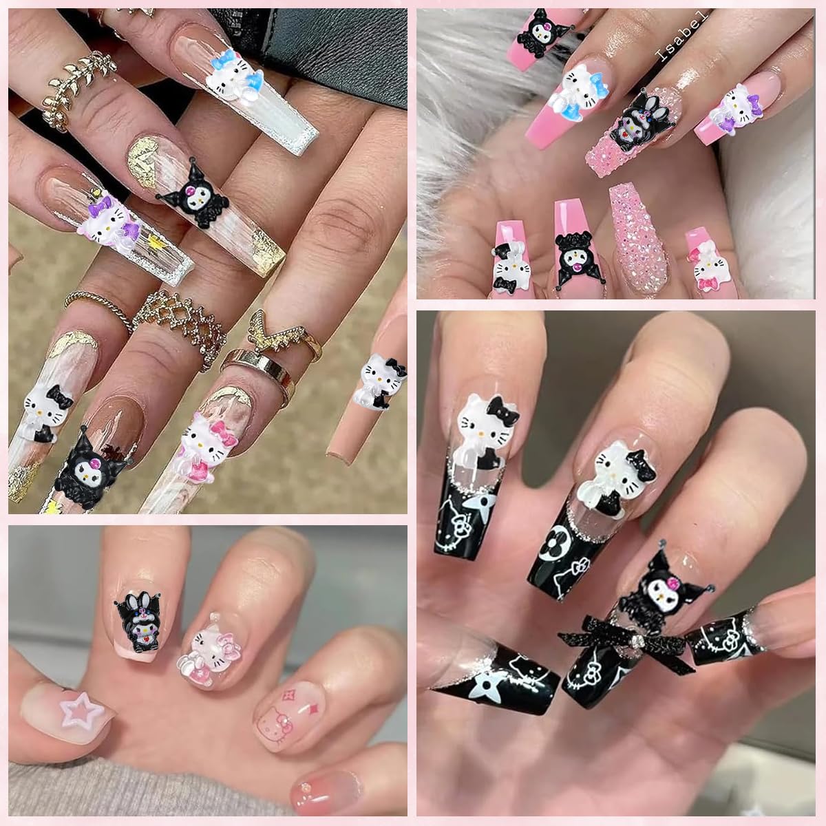 MAYCREATE 70Pcs 3D Nail Decals Flatback Nail Decal Charms Sanrio Nail Decal Charms 7 Designs Kuromi and Kitty Themed Resin Cartoon Nail Decals Charms for DIY Nail Art, DIY Handcrafts, Decorations