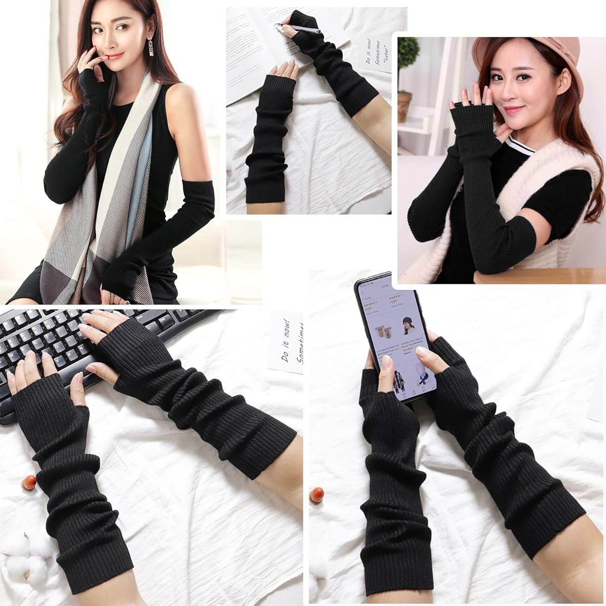 PALAY Arm Warmers for Women, Long Fingerless Gloves for Women, Winter Knitted Y2K Arm Sleeves Gloves for Teen Girls, Fashion Half Finger Hand Wrist Warmer for Daily, Party, Hip Hop (Black)