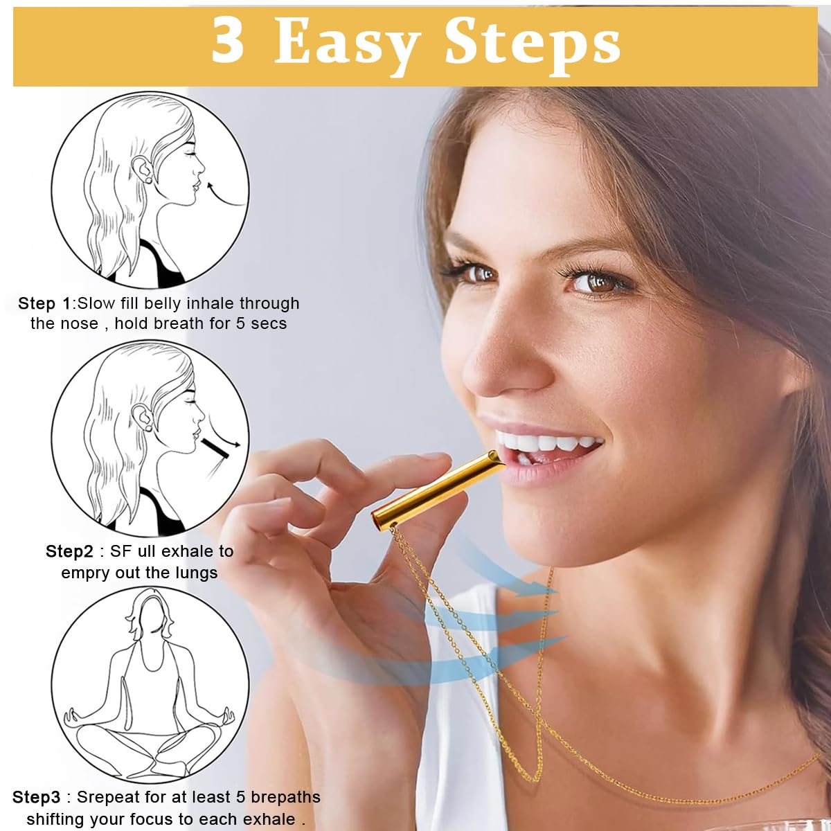 SANNIDHI Breathing Necklace for Women Men, Titanium Steel Gold Stress Relief Necklace for Anxiety Relief, Breathing Exercises, Meditation, Silent Whistle Chain Necklace Gift
