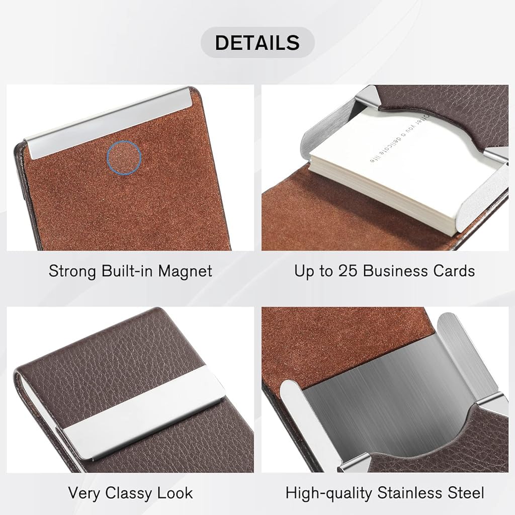 GUSTAVE Business Card Holder Metal Visiting Card Case Classy Card Holder for Women & Men PU Leather Wallet Card Case with Metal Magnetic Clasp, 20 Cards (6x9.5cm) - Coffee Brown