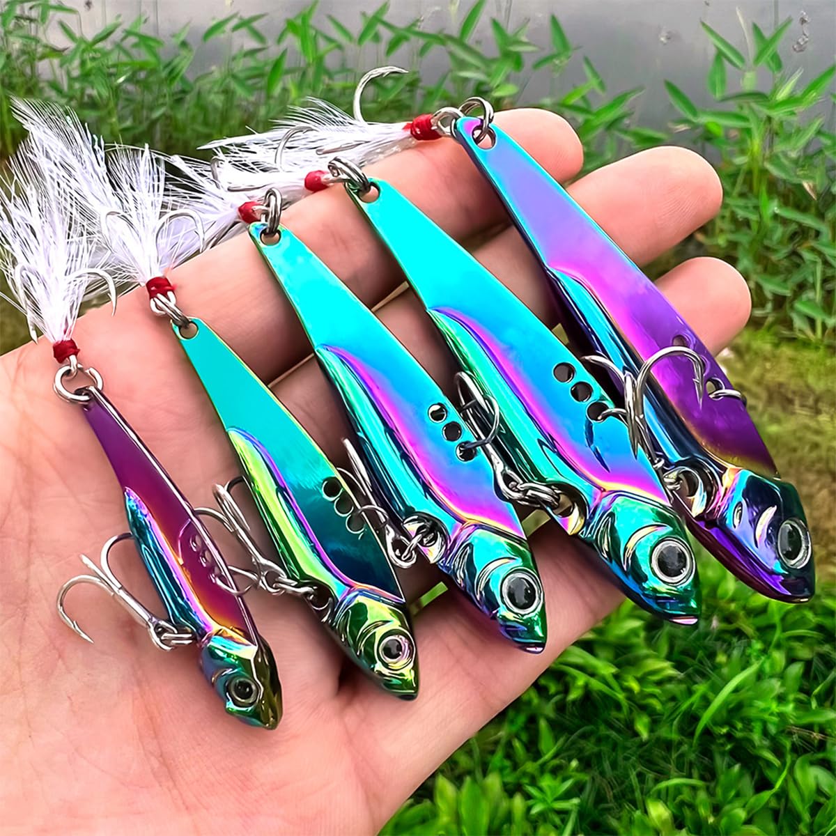 Proberos 5pcs Fishing Lures Dual Hook Fishing Lures Sinking Metal Lure Bait, 5 Sizes Color Metal Fishing Lures, 5g/7g/12g/15g/20g with Storage Box