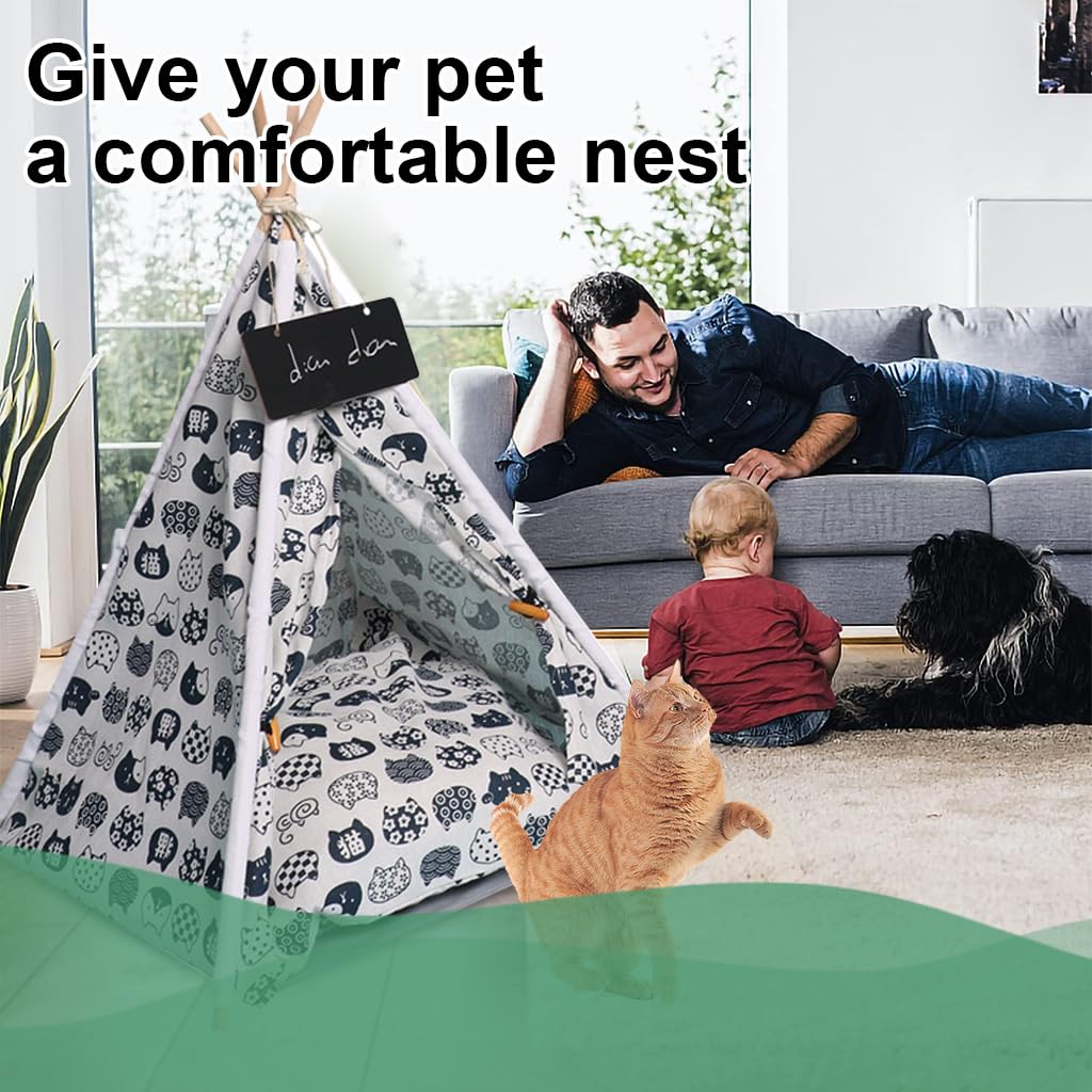 Qpets Cat House Cat Beds for Indoor Cats Puppy Bed Dog House Dog Bed Tent Pet Bed Print Pet Teepee with Cushion Pillow, Assemble Tent Bed for Kitten, Cat, Dog, All Season Use