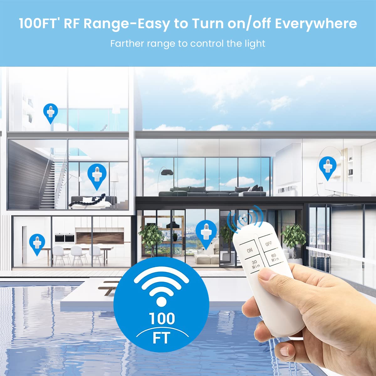 Serplex Remote Control Bulb Holder with Timer, E27 Smart Light Socket with 30mins/60mins Timing, Wireless Remote Control Light Socket, 100FT Range, Wireless Light Switch Kit for E27 Light Bulb
