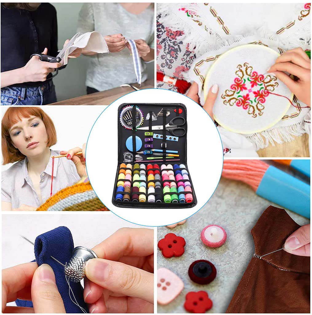 Supvox Sewing Kit 126pcs Needle and Thread Kit 30 Large Cotton Thread Bobbins PU Case for Women Suitable for Home Travel and Emergency Use