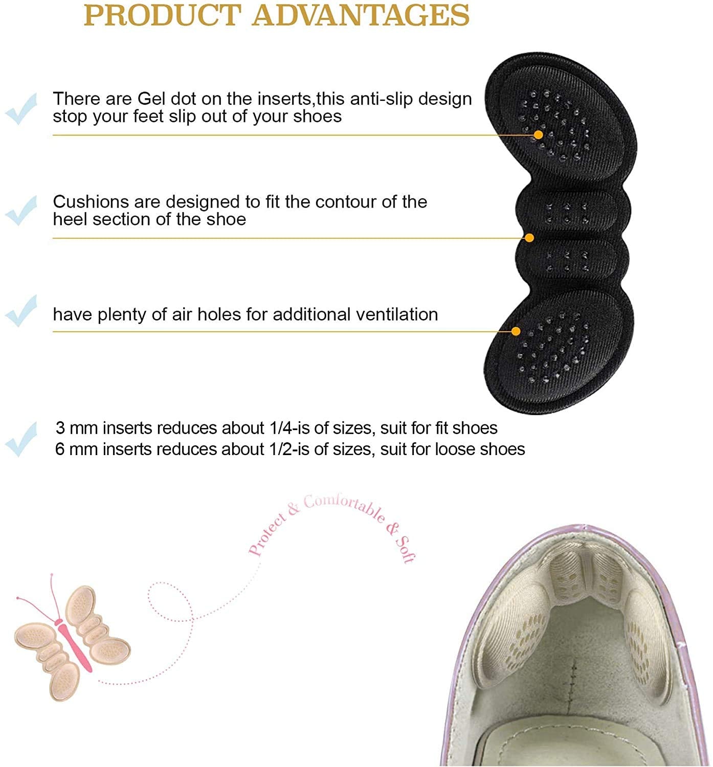 MAYCREATE 4 Pair Fabric Sticky Shoe Back Heel Insoles Protector Liner Pads Sponge Cushion Shoe Pads Liner Back Heel Inserts Insoles Heel Grip Liners Sticker