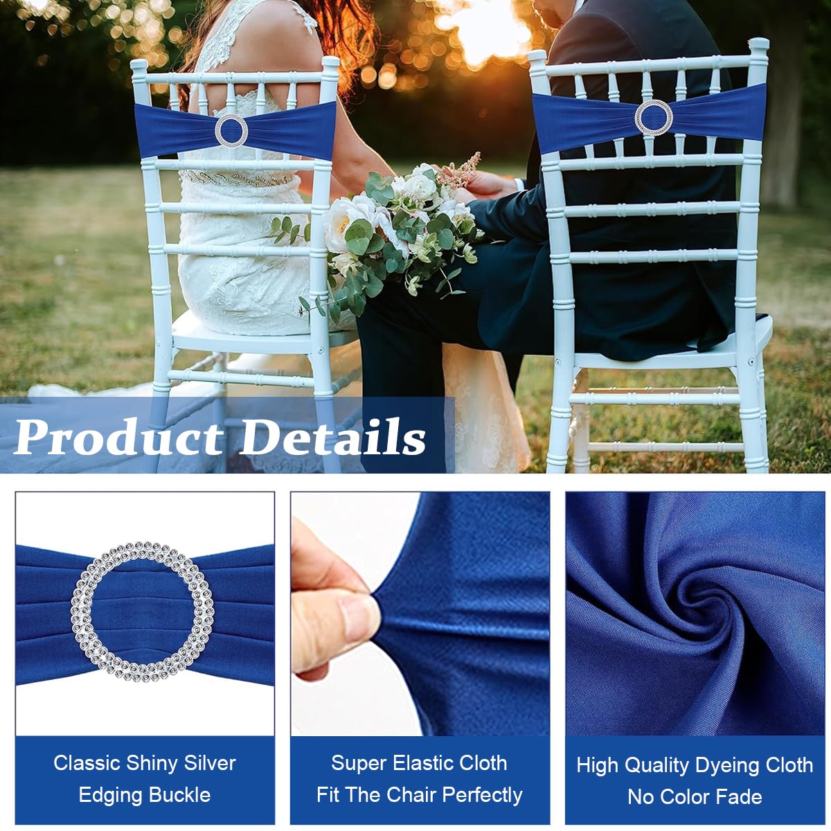 HASTHIP 20Pack Chair Sashes Chair Bows Stretch Chair Sashes Spandex Chair Cover Band with Buckle for Wedding Hotel Banquet Birthday Party Home Decorations, Blue