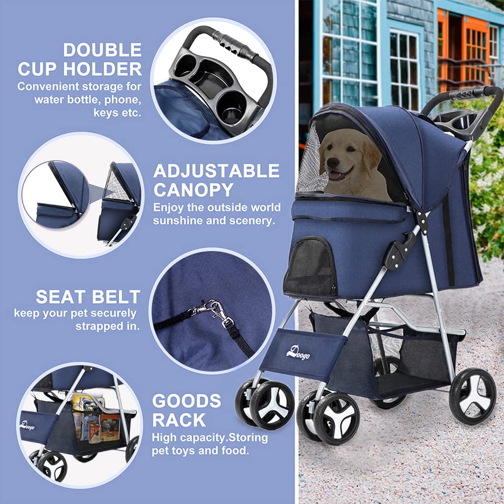 Qpets 4 Wheels Foldable Pets Stroller for Dogs and Cats with Sunvisor, Brake Wheel, Storage Case, Cup Holder Multifunction Dog Cat Cage Jogger Stroller for Medium Small Dogs Cat(Under 15KG)
