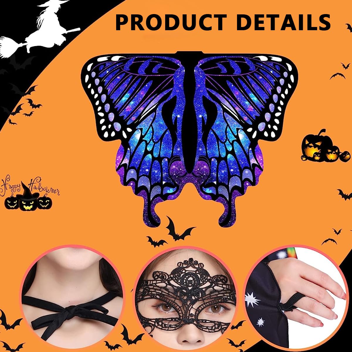 PATPAT Colorful Butterfly Wings Adult Butterfly Wings Cape for Girls Butterfly Costume with Butterfly Antenna Headband & Lace Mask Butterfly Wings Costume for Party, Halloween, Party Dress Up