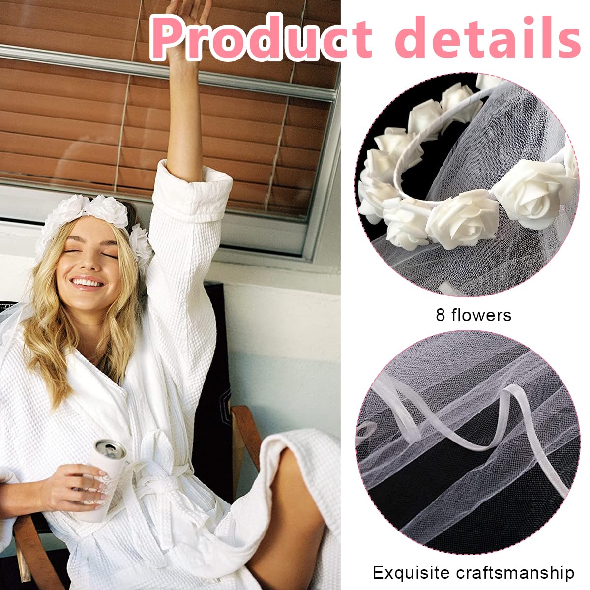 PALAY Bridal Veil for Wedding White Floral Bachelorette Party Veil, Boho Flower Crown Veil, Bridal Shower Veil, Bride to Be Gift Head Wear for Wedding Party