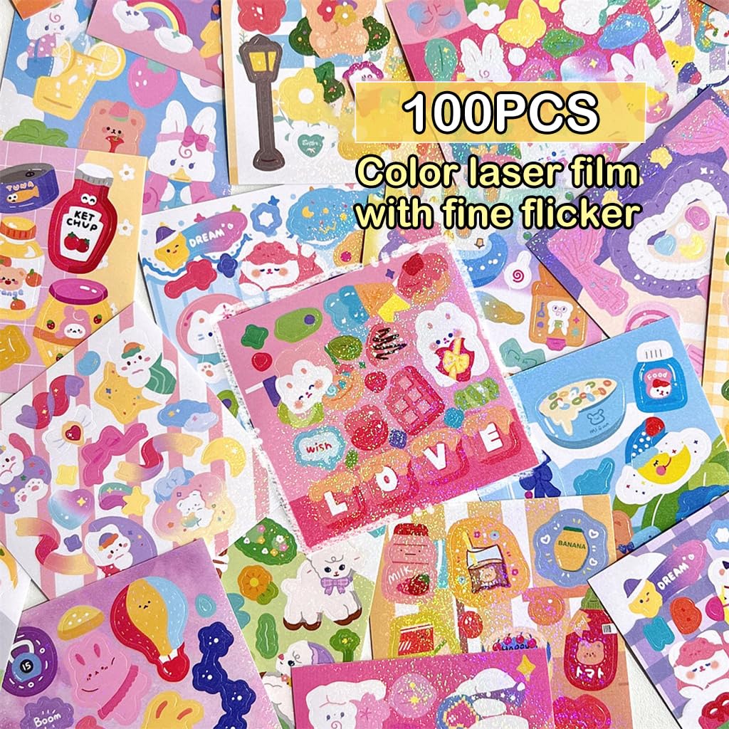 HASTHIP 100 Sheets Kawaii Stickers - Cartoon Stickers Scrapbooking Decorative Decal Stickers for Junk Journal Supplies, DIY Crafts Album Phone Cases Laptops Notebook, 6x6cm Per Sheet