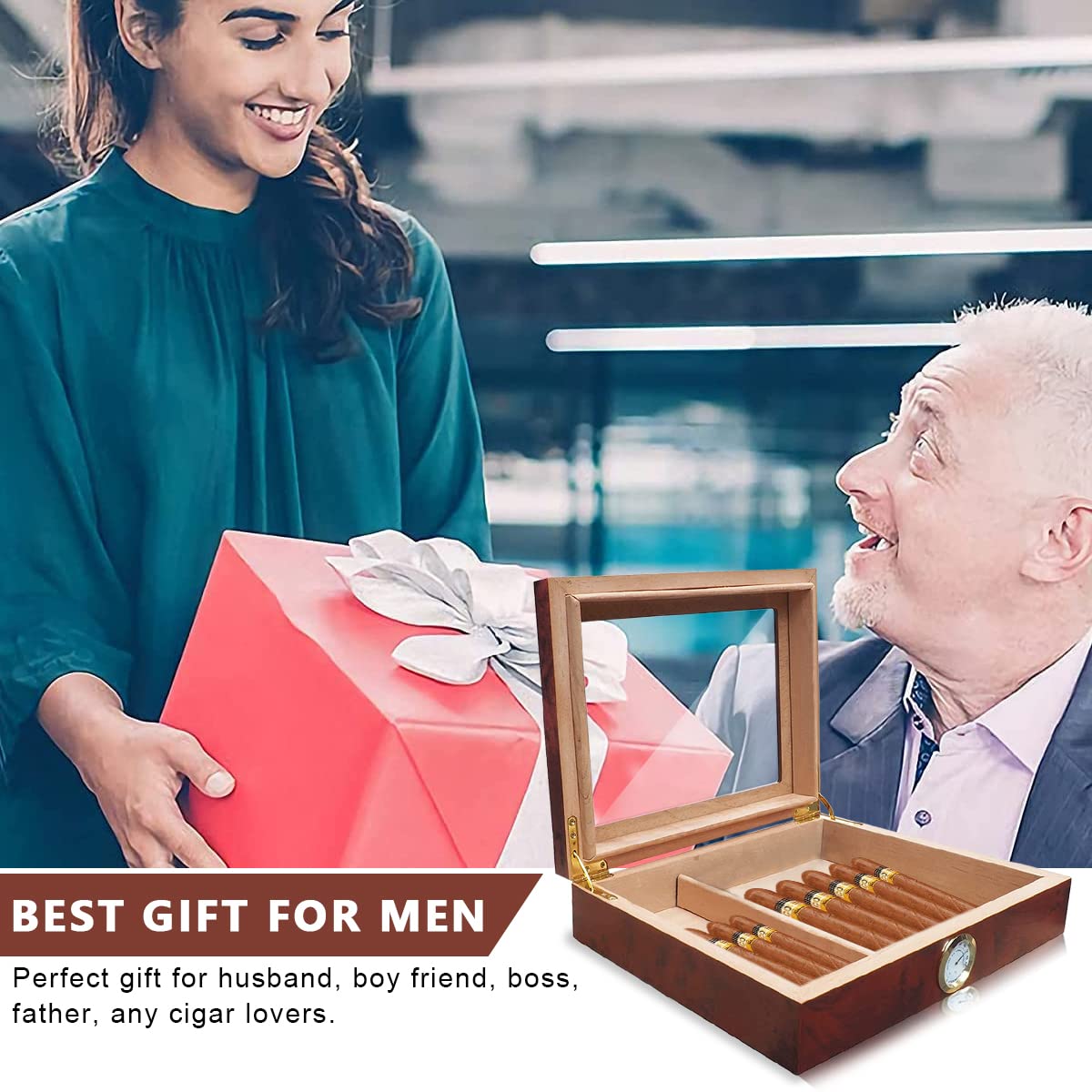 GUSTAVE Cigar Humidor Cigar Box, Cedar Cigar Desktop Box with Glass Top, Humidifier and Hygrometer, Luxurious Wooden Cigar Box Cigar Gift Box Cigar Collection Box, Holds 20 Cigars (Without Cigars)
