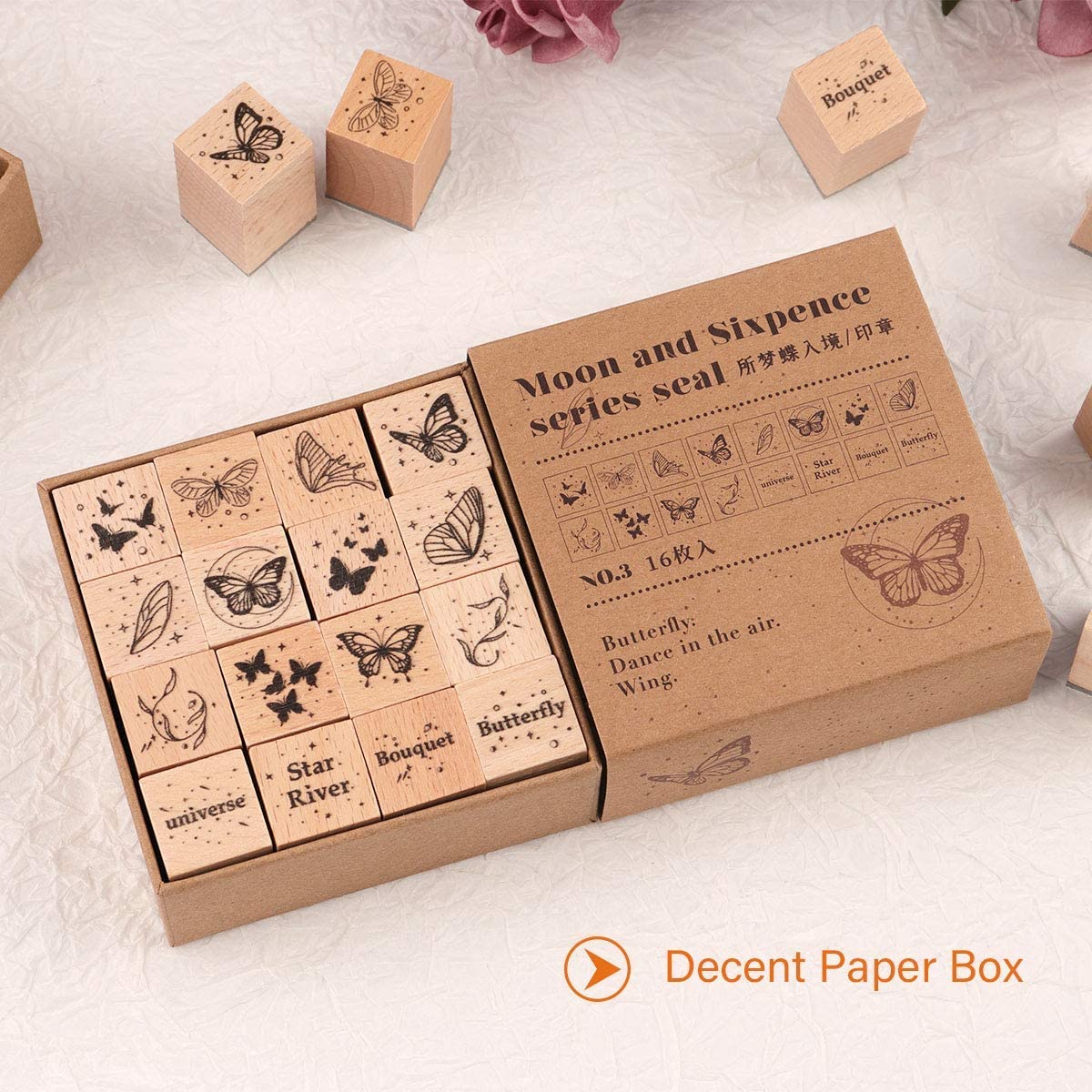 HASTHIP 16Pcs Vintage Wooden Rubber Stamps, Butterfly & Wings Decorative Stamp for Arts and Crafts, Journals, Card Making, Scrapbooking, Invitations