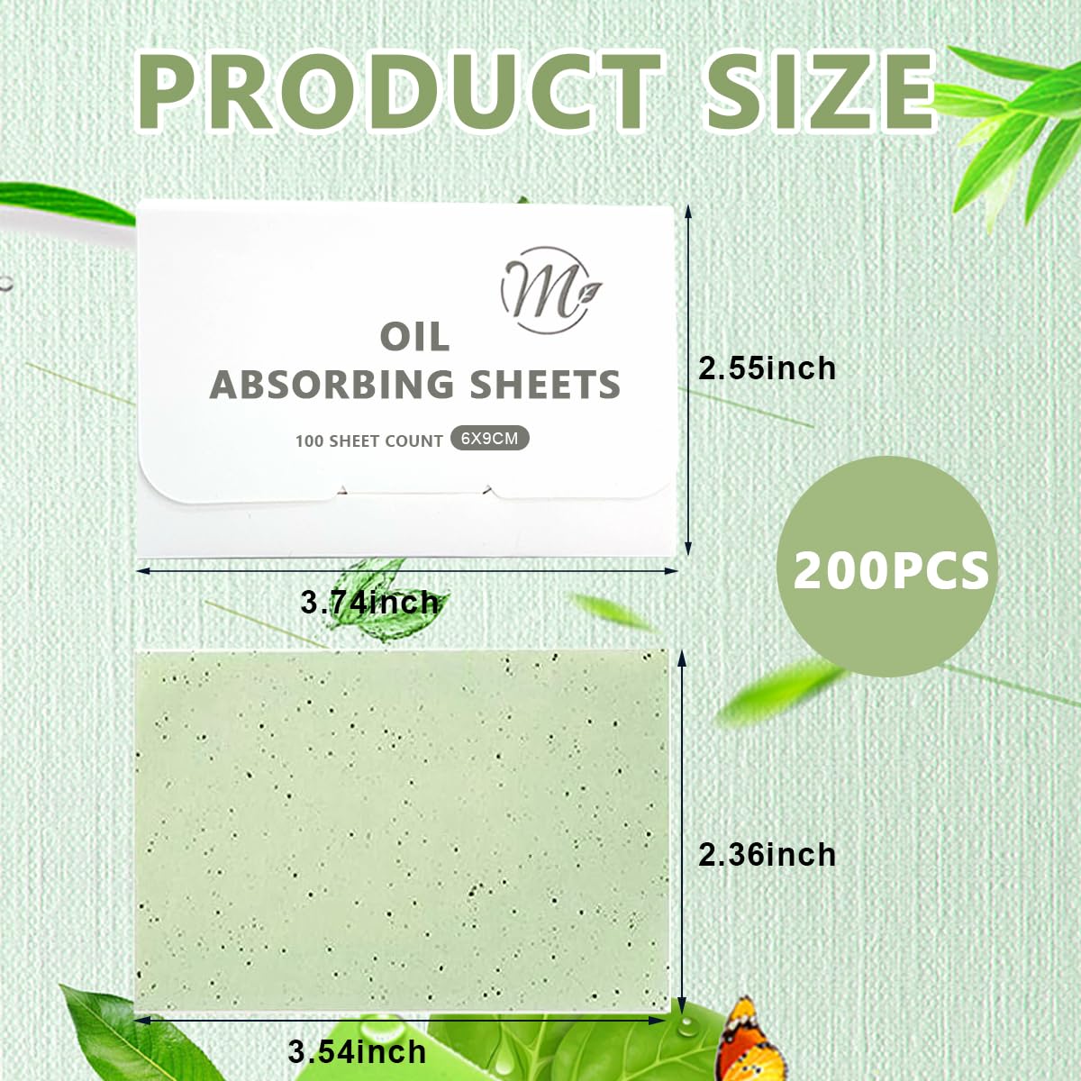 MAYCREATE 200 Counts Oil Absorbing Sheets for Face, Flax Blotting Paper, Natural Green Tea Extract Facial Oil Absorbing Tissues for Oily Skin, Oil Control Film, 9x6cm