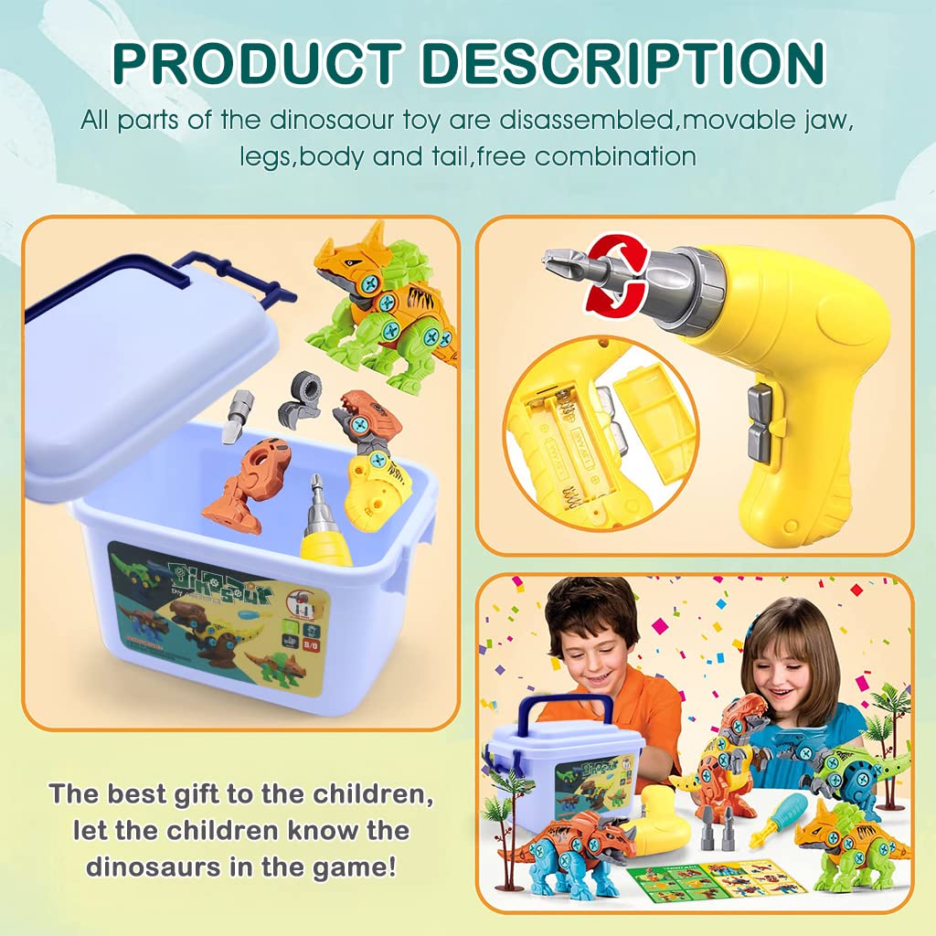PATPAT Dinosaur Toys for Kids, STEM Construction Building Toys for Kids, 4 PCS Dinosaur Toy with Electric Screwdriver & Storage Box, Assembling Building Blocks Birthday Gifts for 3 - 8 Year Old Kids