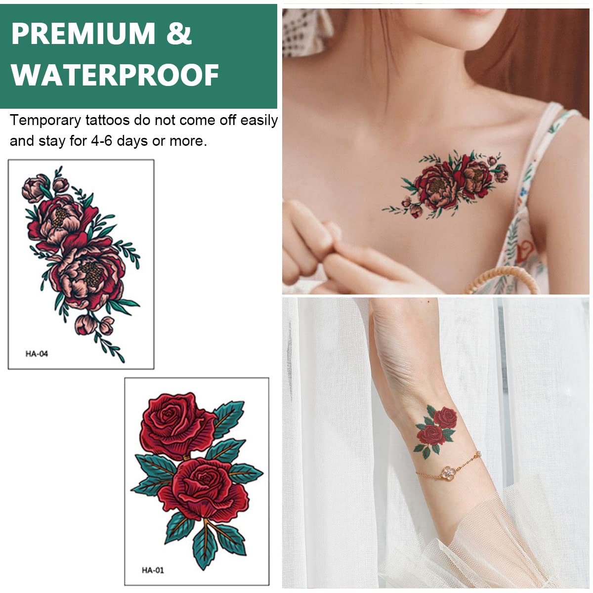 MAYCREATE 12 Sheets Color Tatto Sticker Vintage Large Flowers Temporary Tattoos Stickers Roses Tatto Stickers Assorted Tatto Sticker for Body Art Tattoos Art Waterproof Temporary