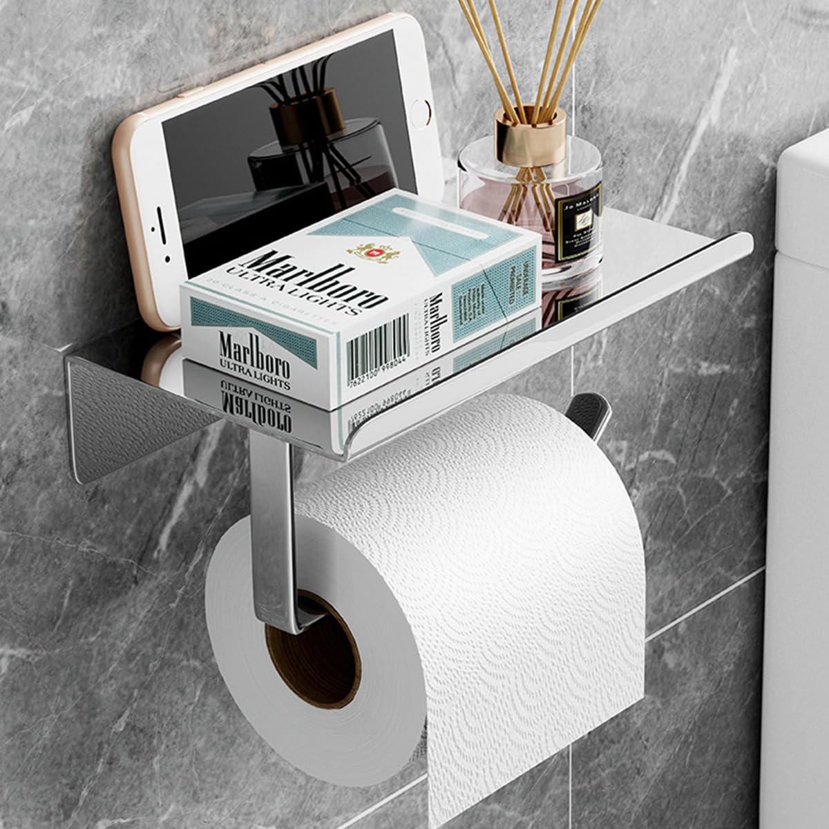 HASTHIP Toilet Paper Holder Shelf - Wall Mounted Stainless Steel Toilet Paper Holder with Phone Shelf, Toilet Paper Roll Holder for Bathroom Accessories (Sliver)