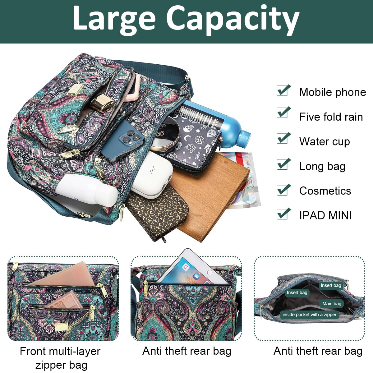 PALAY Women Crossbody Bag Fashion Nylon Print Satchel Travel Bag Multi Layer Shoulder Bag Crossbody Bag Casual Day Bag Satchel Handbag (10.2x3.9x8.2 inch)