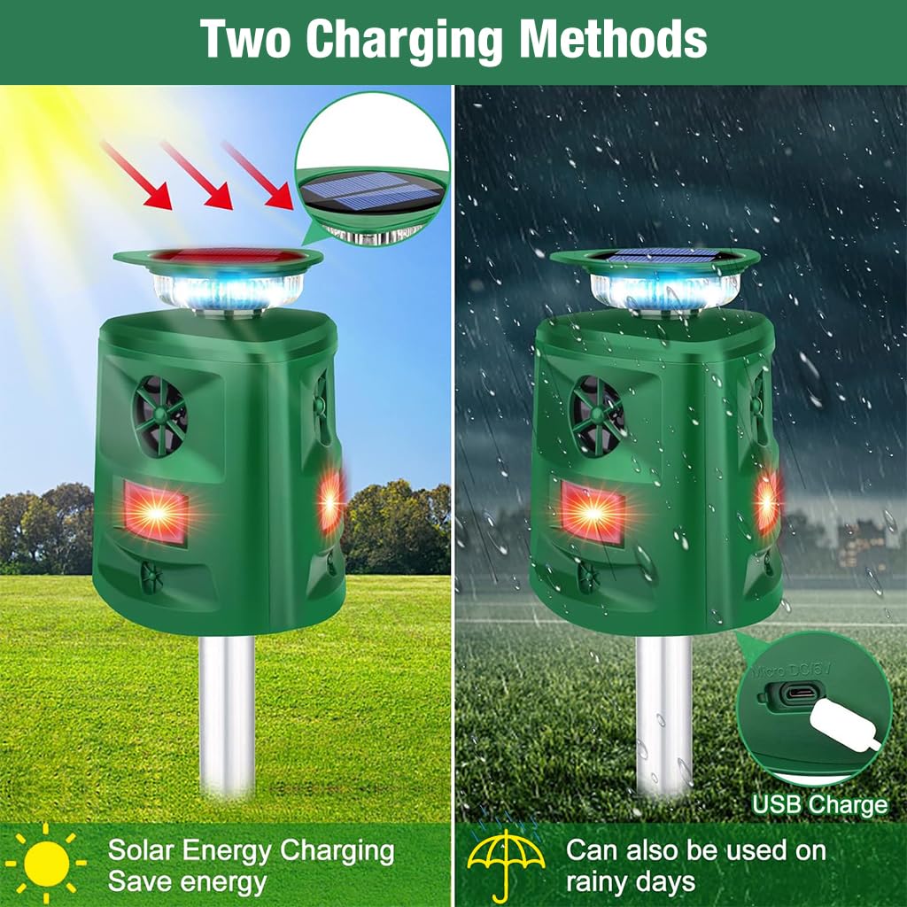 HASTHIP Solar Ultrasonic Animal Repeller with Motion Sensor 5 Modes Solar Animal Repeller with Flash Warn Light Weather Proof Solar Animal Repeller for Rodents, Birds, Small Animals