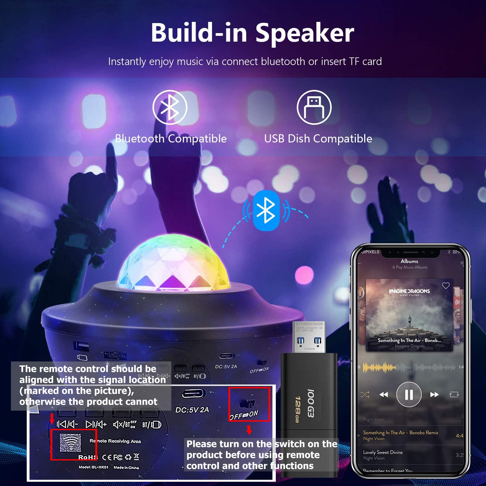 ELEPHANTBOAT Galaxy Night Light Projector Led Lamp with Bluetooth Speaker Kids Planetarium Galaxy Projector for Bedroom Sound Active & 10 Colors Laser Nebula Star Projector Light Rotate Disco Ball
