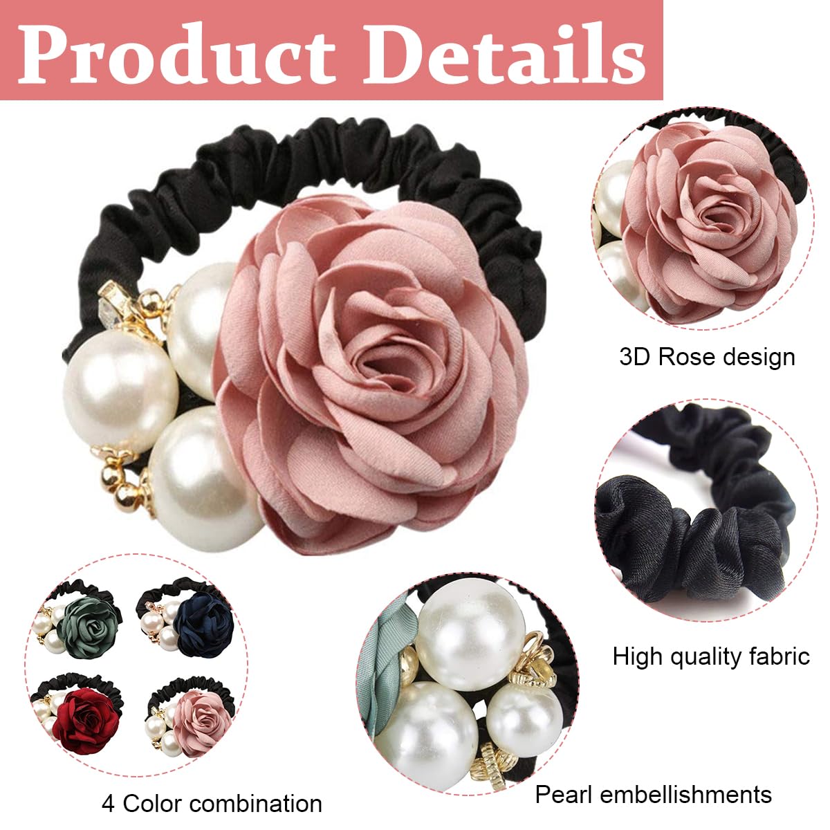 PALAY 4pcs Hair Scrunchies for Women Rose Flower Hair Ties Rope Handmade Pearl Hair Elastics Bun Accessories Elastic Ponytail Holder Gift for Girls