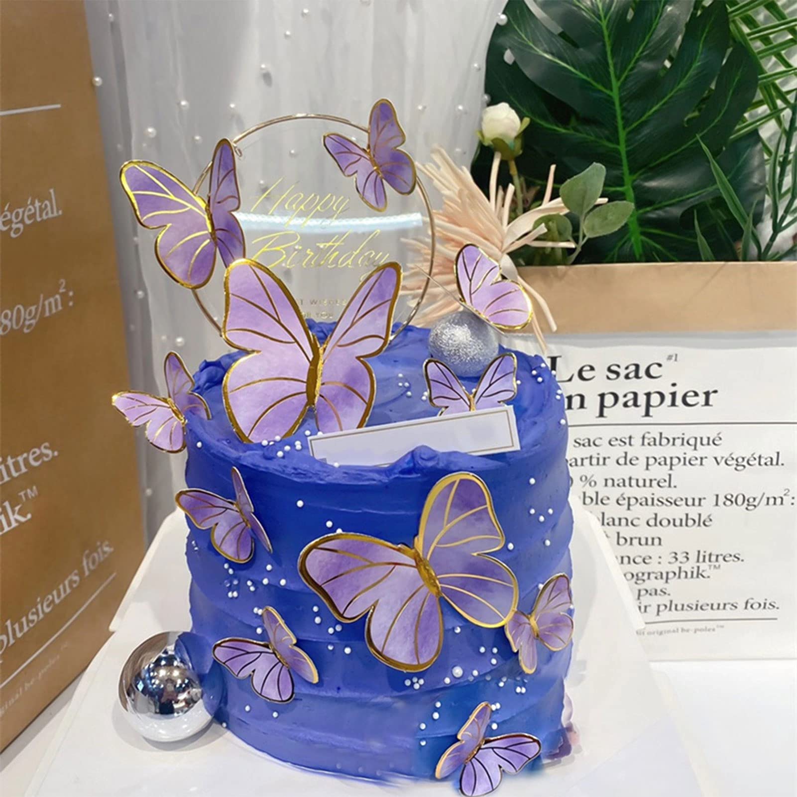 HASTHIP 56Pcs Set Butterfly Cake Decorations with Happy Birthday Cake Toppers for Girls Birthday, Party Decor Cute Cake Decoration Items (Purple)