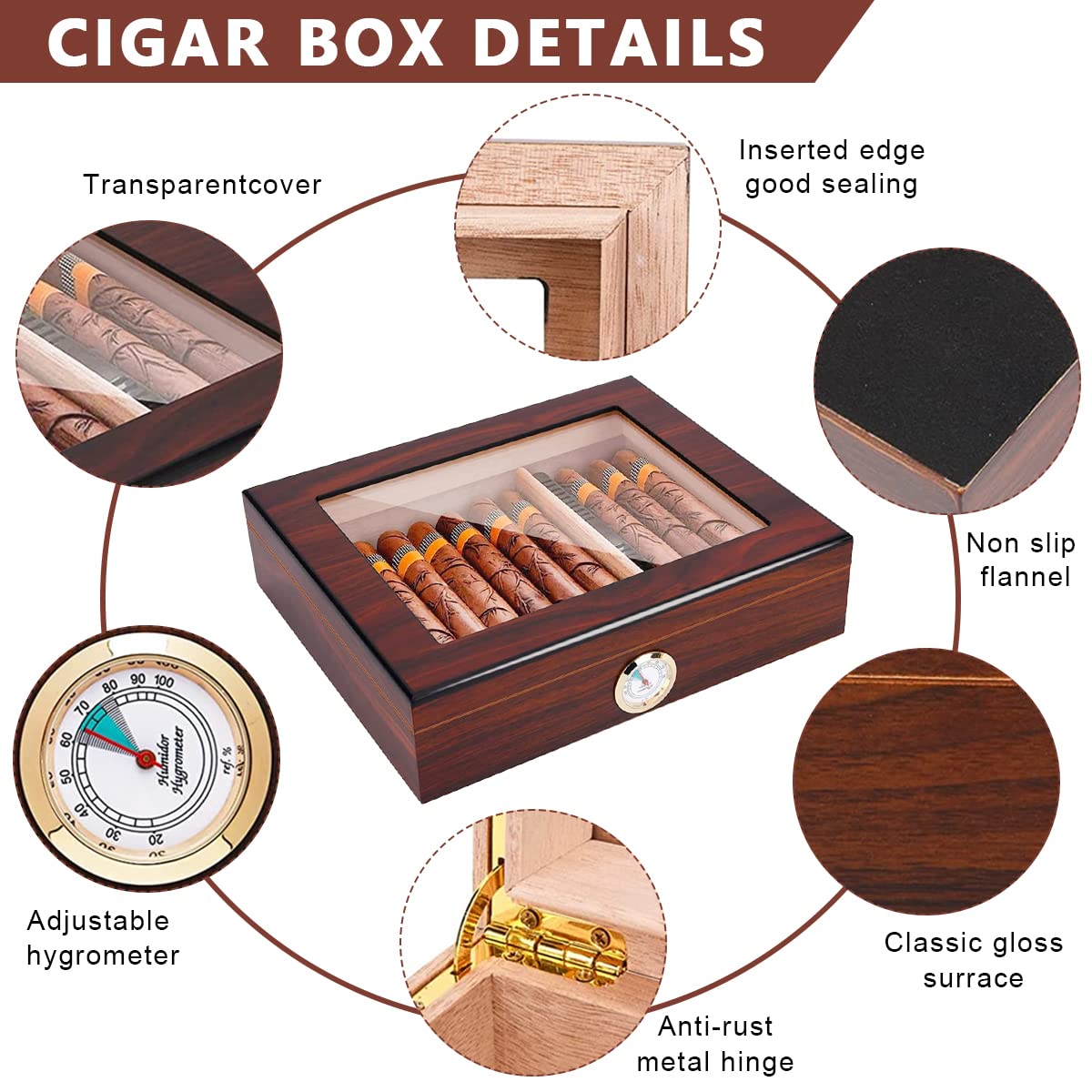 GUSTAVE Cigar Humidor Cigar Box, Cedar Cigar Desktop Box with Glass Top, Humidifier and Hygrometer, Luxurious Wooden Cigar Box Cigar Gift Box Cigar Collection Box, Holds 20 Cigars (Without Cigars)
