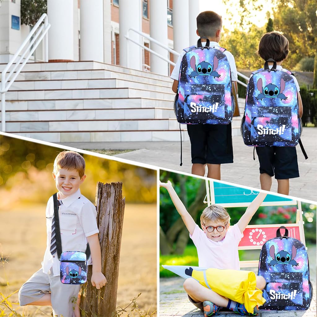 PALAY School Backpack Set of 3Pcs Students School Backpacks Casual Messenger Bag & Pencil Pouch Fashion Cartoon Stitch Print School Backpack Shoulder Bag Book Bag Birthday Gift for Kids