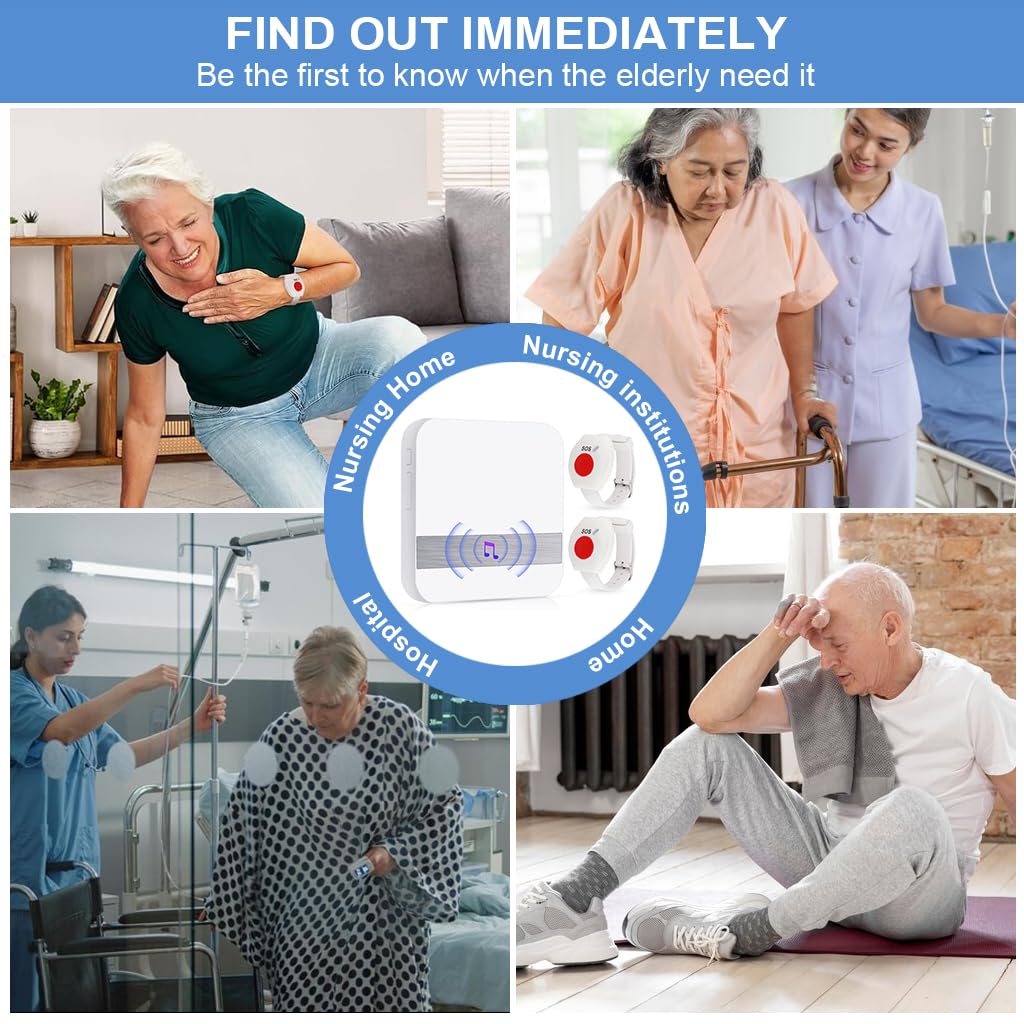 Supvox Pager Wireless Life Alert Systems for Seniors 80 M, (2 Call Buttons + 1 Receiver) Portable Pager Devices Wireless Caregiver 52 Ringtones, Home Travel Panic Buttons with Wrist Band