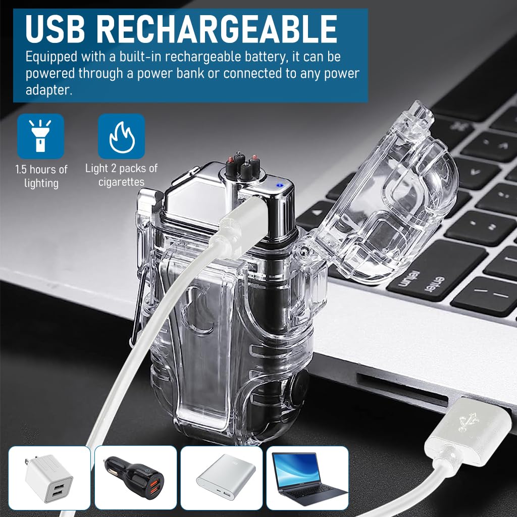 HASTHIP Waterproof Dual Arc Plasma Rechargeable Lighter, USB Type C Rechargeable Lighter with 3 Lighting Modes COB Lamp & Flashlight, Waterproof Windproof Lighter for Outdoor, Camping, Kitchen