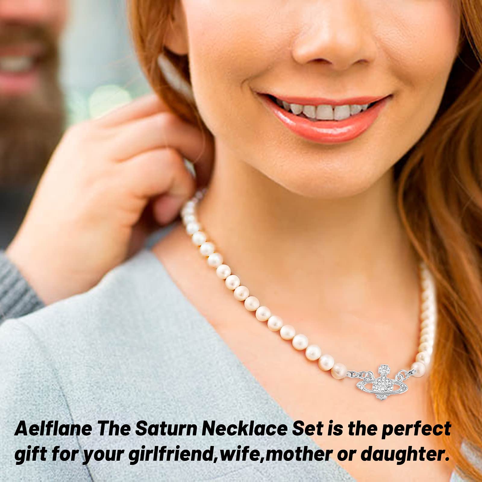 SANNIDHI 2PCS Pearl Necklace Set for Women Fashion Choker Necklace Saturn Design Rhinestones Crystal Jewelry Charm for Lady Girlfriend Birthday Anniversary Gift