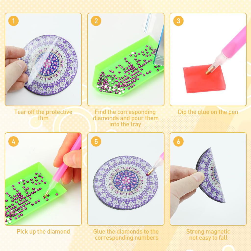 HASTHIP DIY Diamond Painting Art Kit Set of 12 Sparkling Mandala Style Color Diamond Fridge Magnets Home Decor Stylish DIY Diamond Painting Fridge Magnets with Tools DIY Gift
