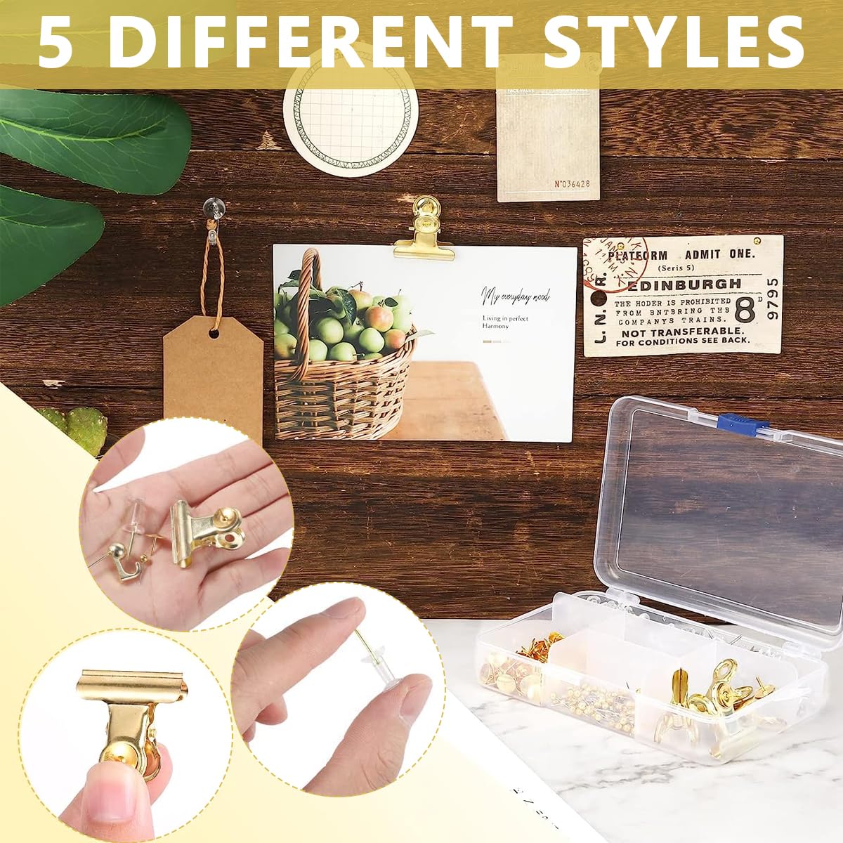 Climberty 310 Pcs Gold Board Pins Set, Gold Thumb Tacks Decorative Push Pins for Cork Board with Push Pin Hook Pushpin Clip 5 Style Gold Office Accessories for Cork Board Map Office