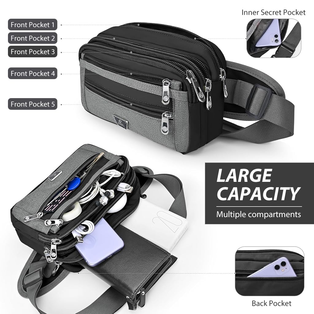 GUSTAVE Men's Waist Bag Chest Bag Crossbody Chest Bag with 6 Zipper Pouches Large Men's Waist Bag Adjustable Waist Belt Waterproof Nylon Lightweight Phone Waist Bag, 24x3x15cm