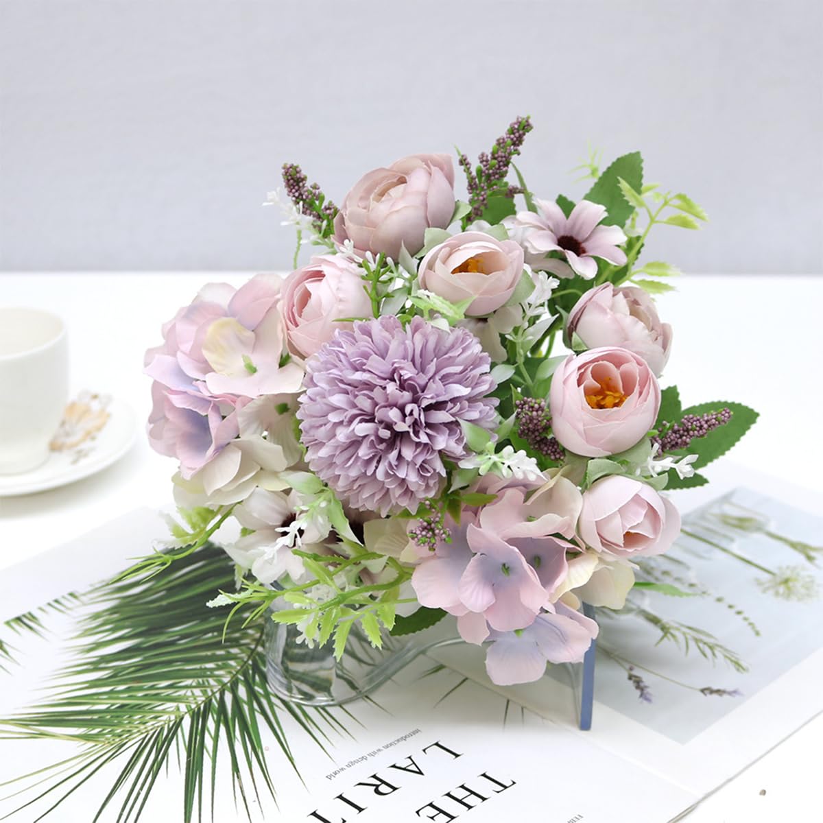 HASTHIP 2 Bundles Artificial Roses Fake Peonies Silk Flowers Plastic Grasses Bouquets for Home Wedding Party Garden Decor, Flower Arrangements, Style B