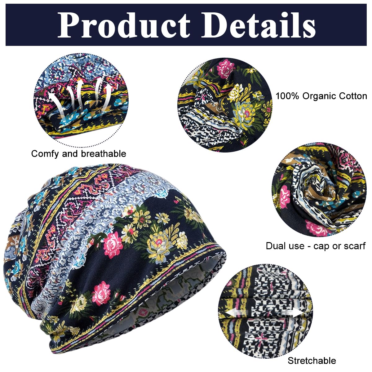 PALAY Hijab Caps for Women, Floral Print Chemo Cap Slouchy Beanie Cap for Women, Fashion Hip-Hop Skull Dwarf Hats, Boho Soft Running Head Scarves for Teen Girls - All Season Use Blue