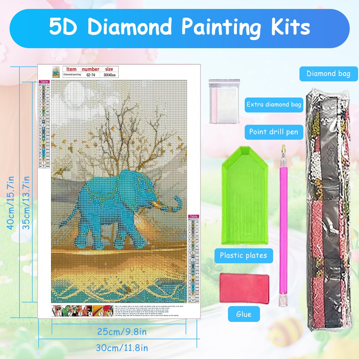 HASTHIP Diamond Painting Kit, 12x16inch Blue Elephant Diamond Painting, 5D Diamond Painting Kit for Adults & Kids, Very Suitable for Home Leisure and Wall Decoration, Gift for Kids and Adults
